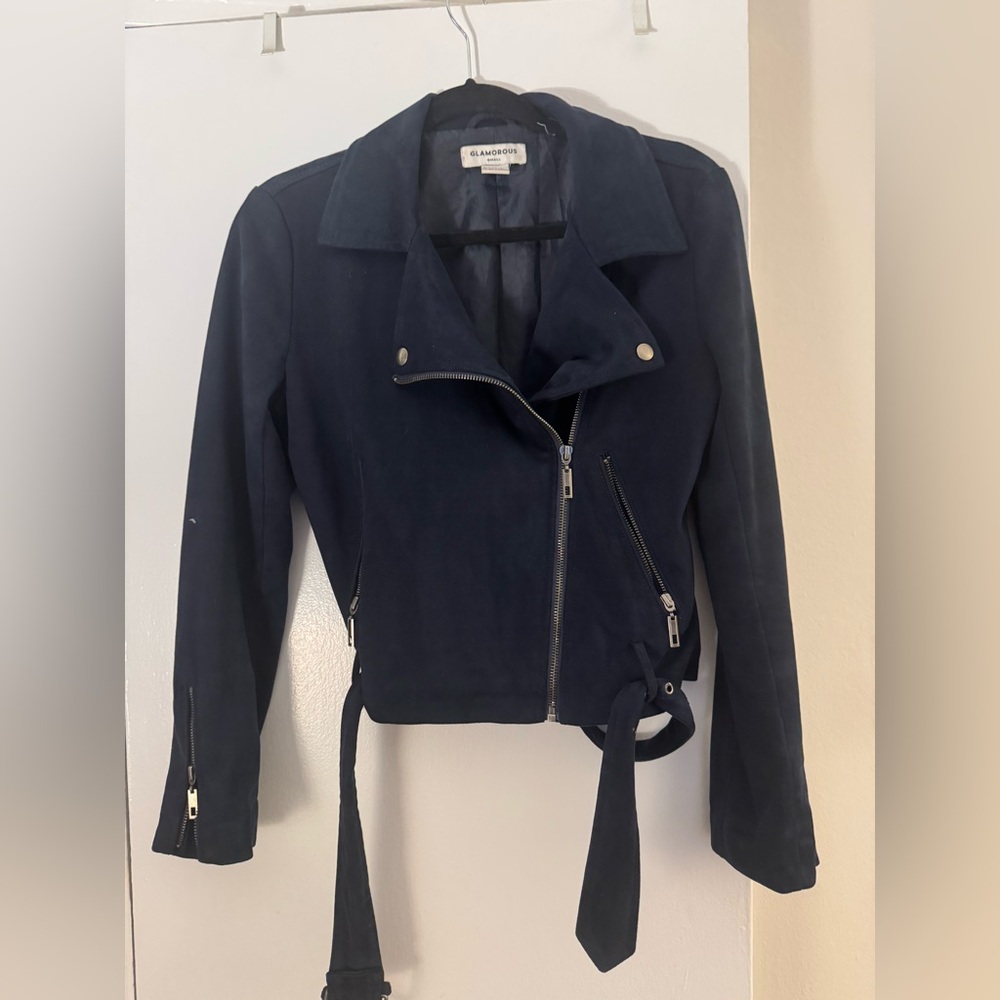 Navy Faux Suede Moto Jacket